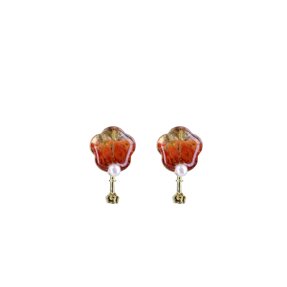 Colorful Stone Inlaid Earrings, Prosperity Red Folding Fan