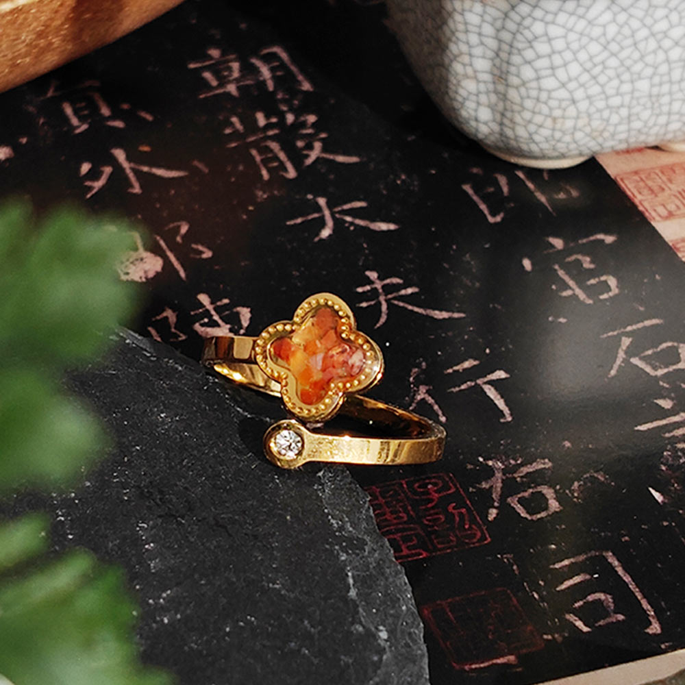 Color Stone Inlay Four-Leaf Clover Ring with Crystals – Red & Prosperous Series