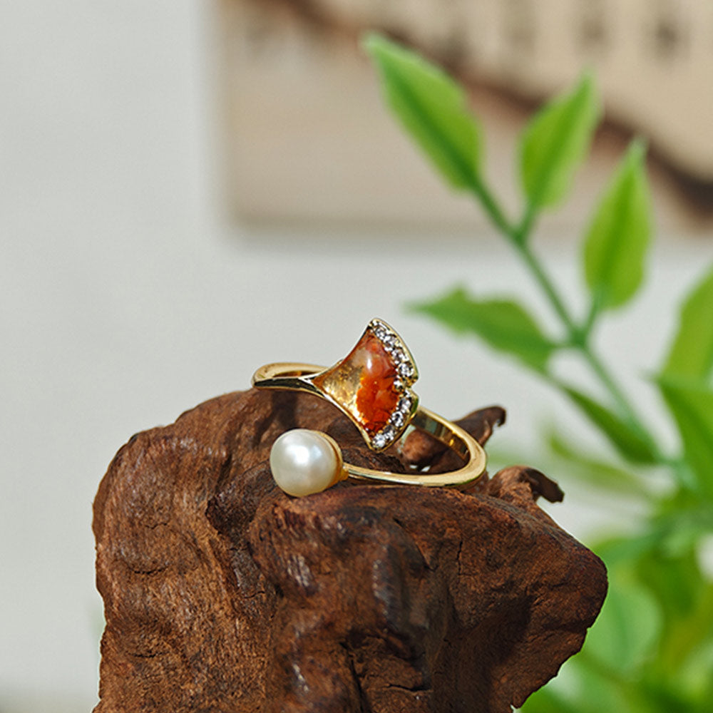 Colored Stone Inlaid Prosperous Red Ginkgo Leaf Pearl Ring