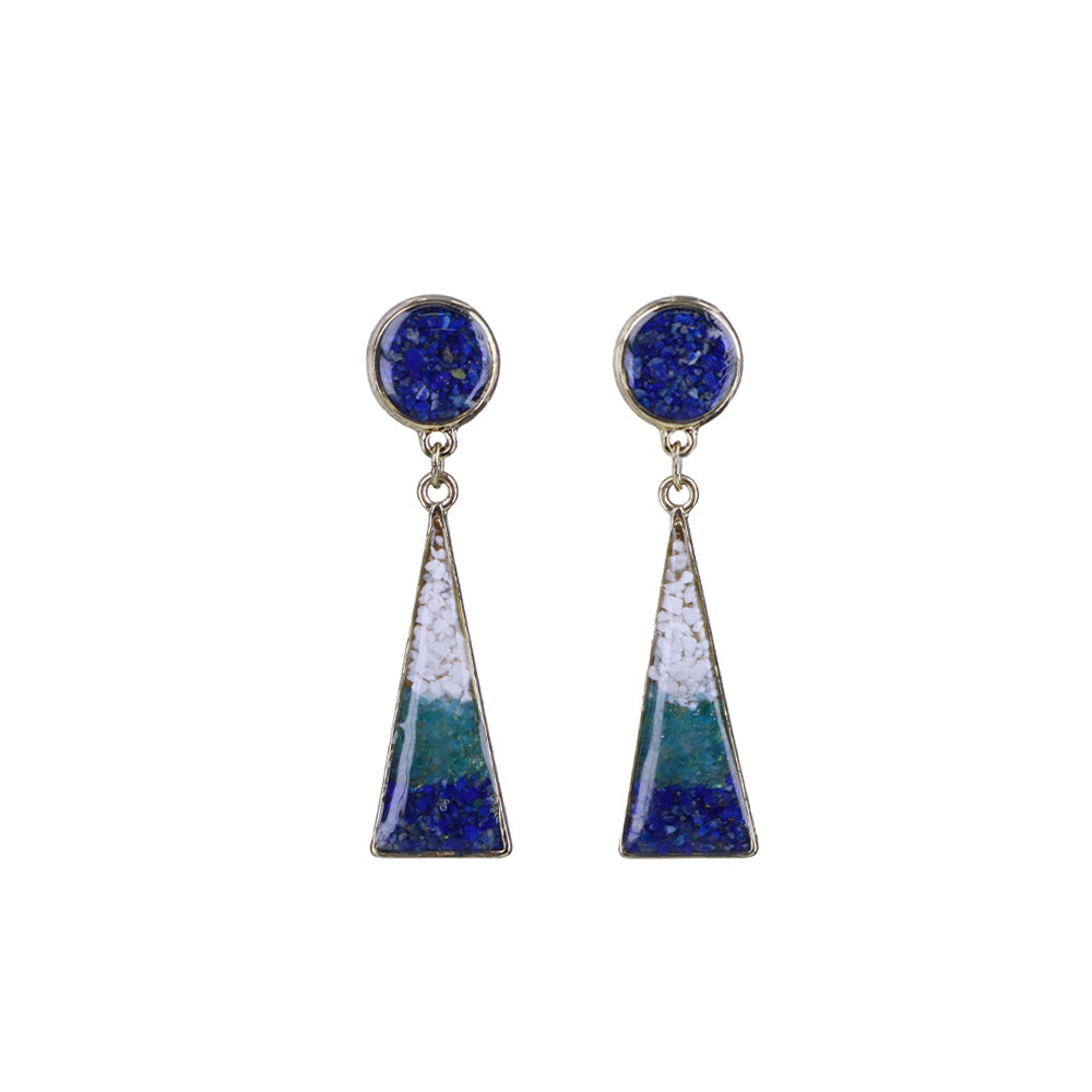 Colorful Stone Inlaid Geometric Earrings, Blue-White Round Triangle