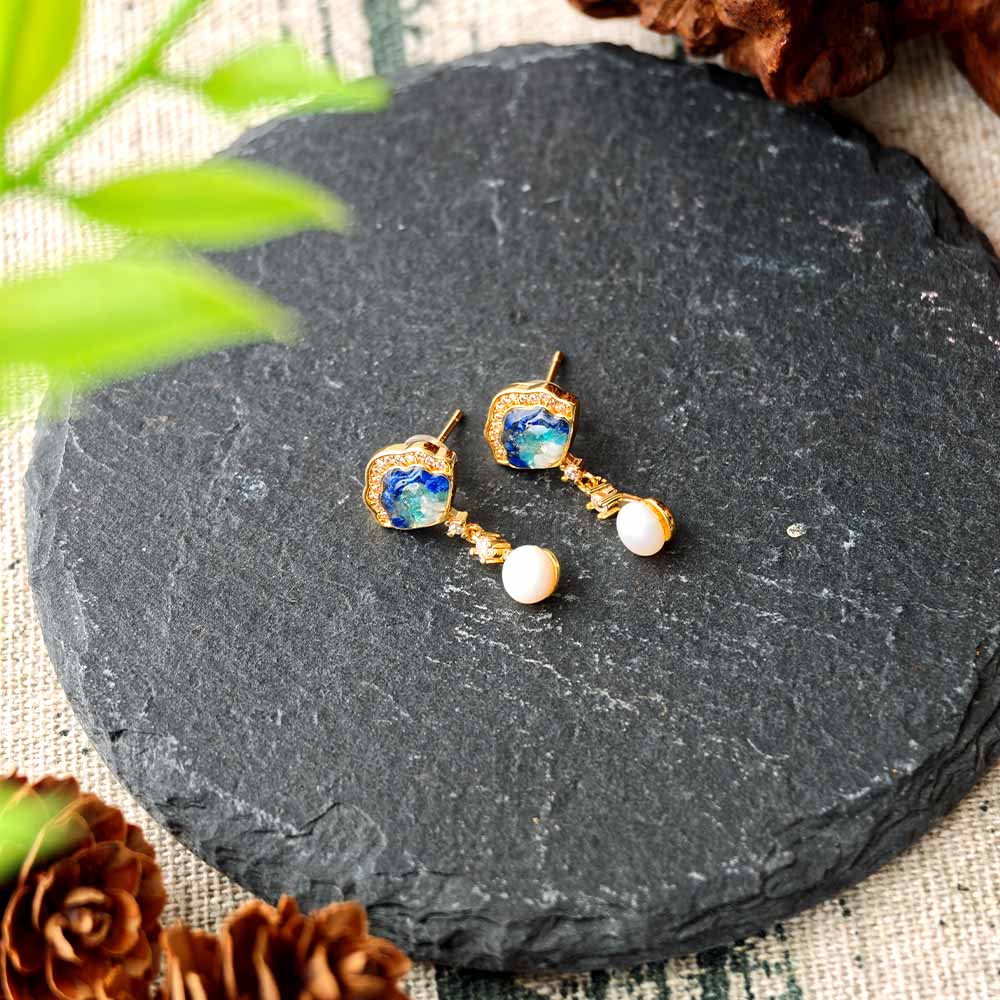 Blue & White Pearl Fan-Shaped Stud Earrings