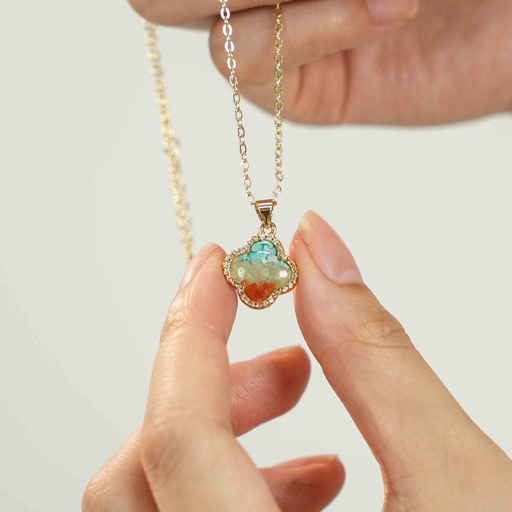 Color Stone Inlay Dunhuang Red Four-Leaf Clover Necklace with Zircon
