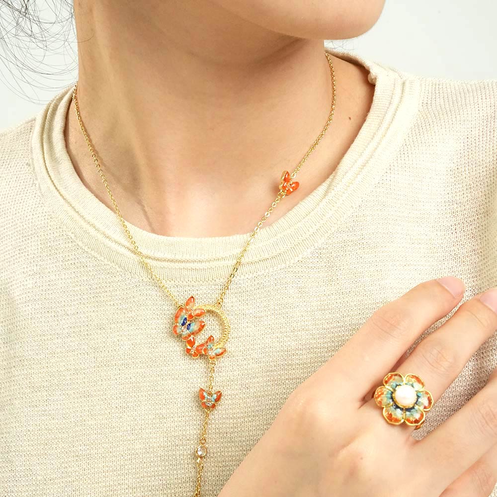 Warm Blossom Butterfly Dunhuang Floral Necklace + Ring Bundle