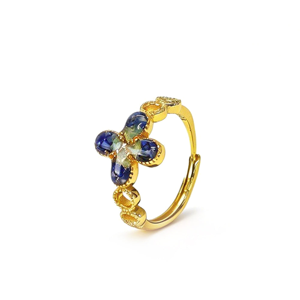 Rainbow Stone Inlaid Four-Leaf Clover B-Shaped Ring in Sapphire Blue Gradient