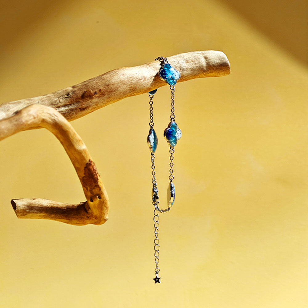 Color Stone Inlay Silver Four-Leaf Clover Bracelet – Blue & White