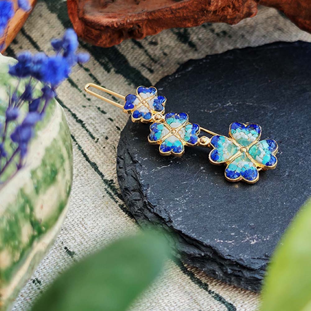 Cyan Lapis Lazuli Four-Leaf Clover Hairpin with Enamel Inlay Blue-and-White Design
