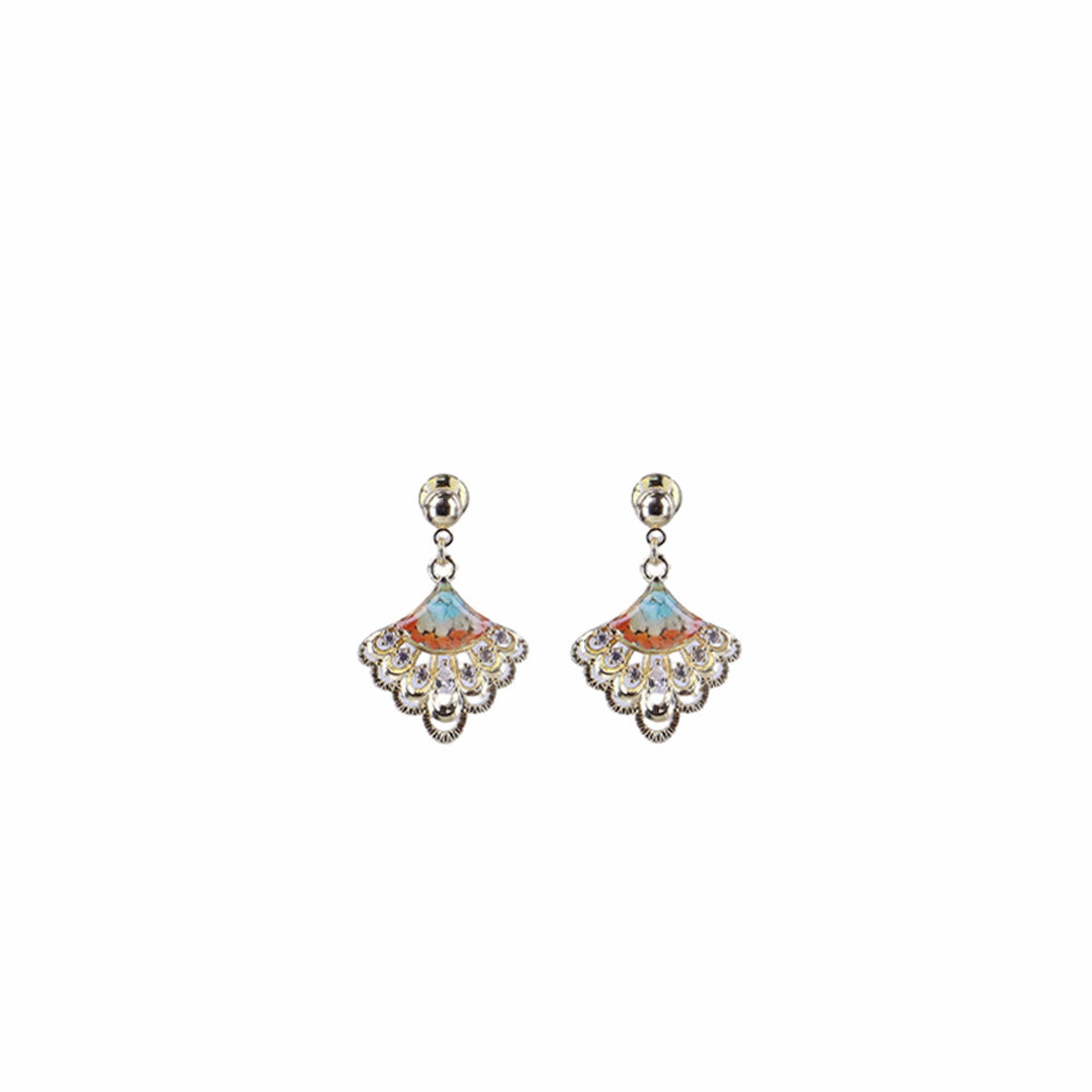 Dunhuang Color Openwork Fan Stone Inlay Earrings