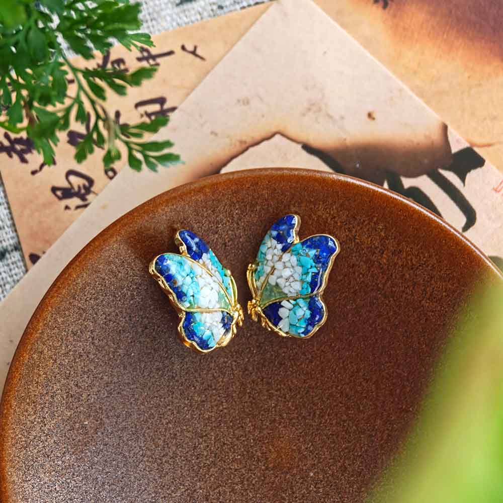 Butterfly Wing-Shaped Earrings with Blue-and-White Enamel and Colored Stone Inlay