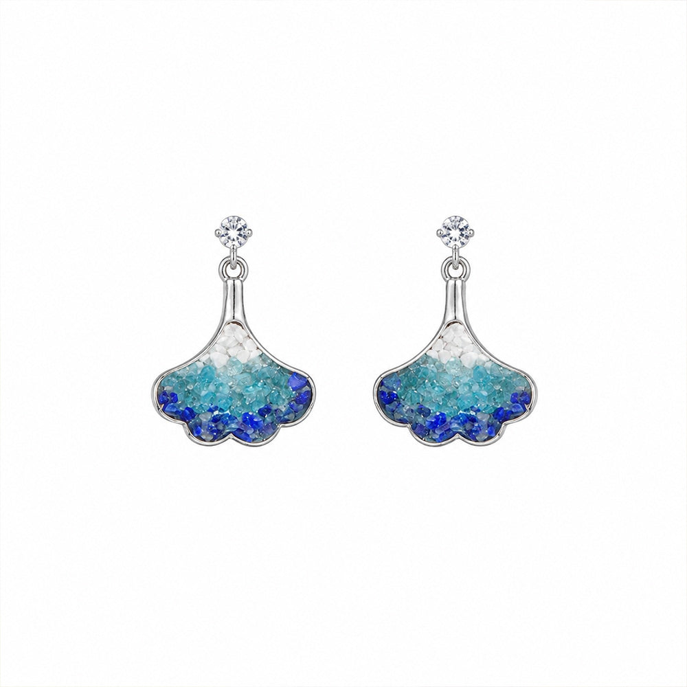 Color Stone Inlay Silver Blue & White Ginkgo Stud Earrings