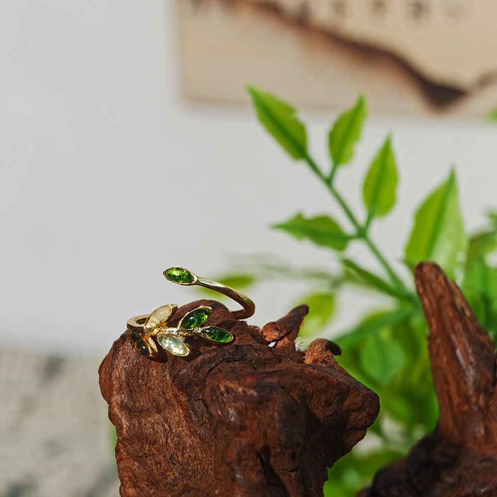 Adjustable Jadeite Olive Branch Ring with Colored Stone Inlay