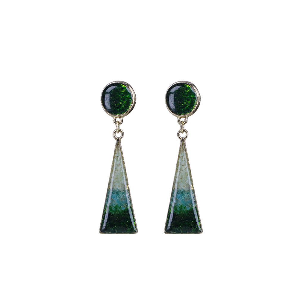 Colorful Stone Inlaid Geometric Earrings, Emerald Green Round Triangle