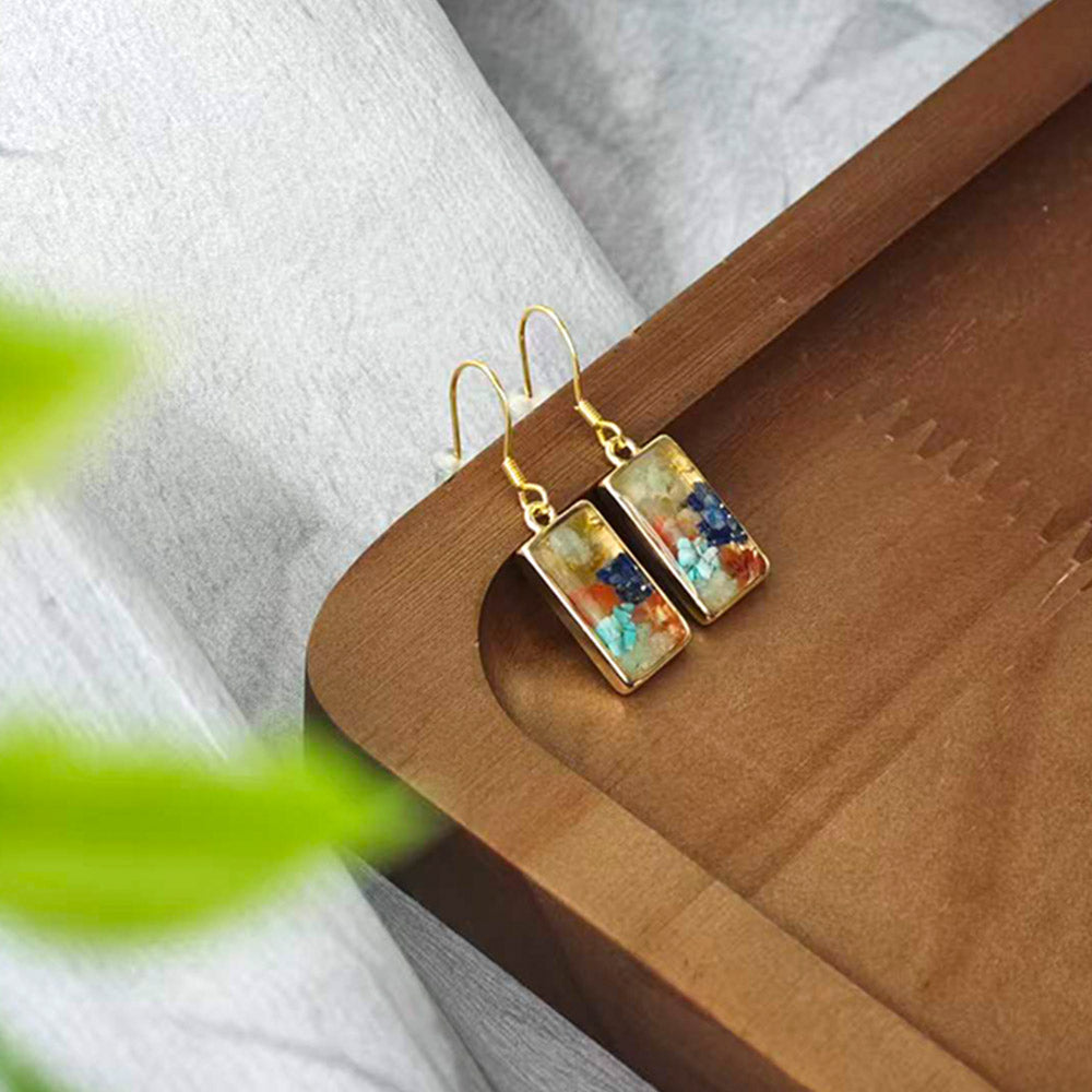 Color Stone Inlay Rectangular Hook Earrings – Dunhuang Color Series