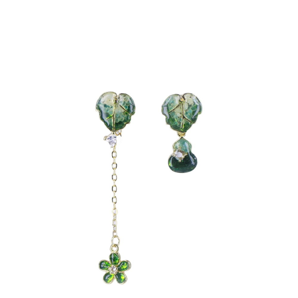 Jade Green Asymmetrical Gourd Flower Stone Inlay Earrings