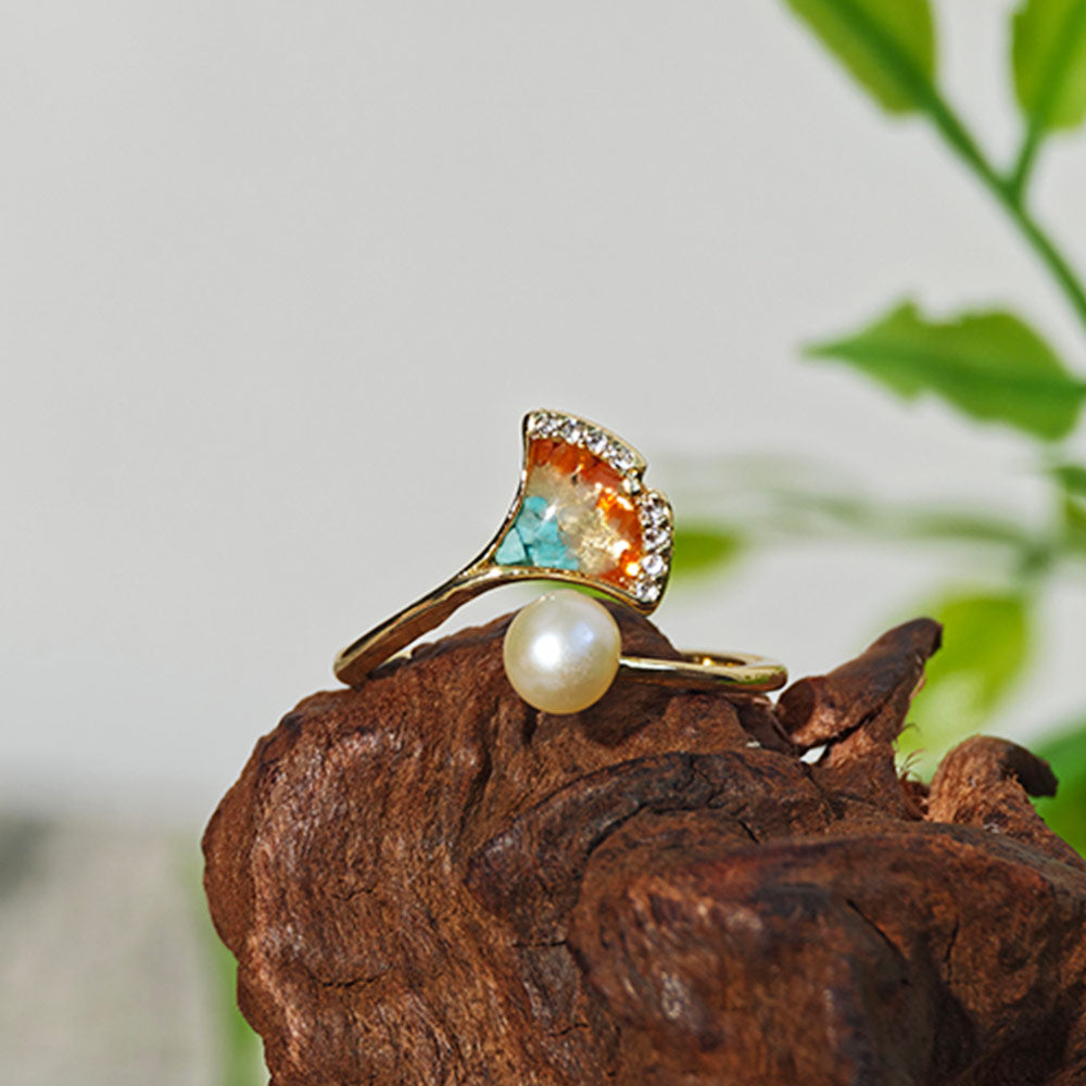 Dunhuang-Colored Ginkgo Leaf Ring Inlaid with Colored Stones & Pearls
