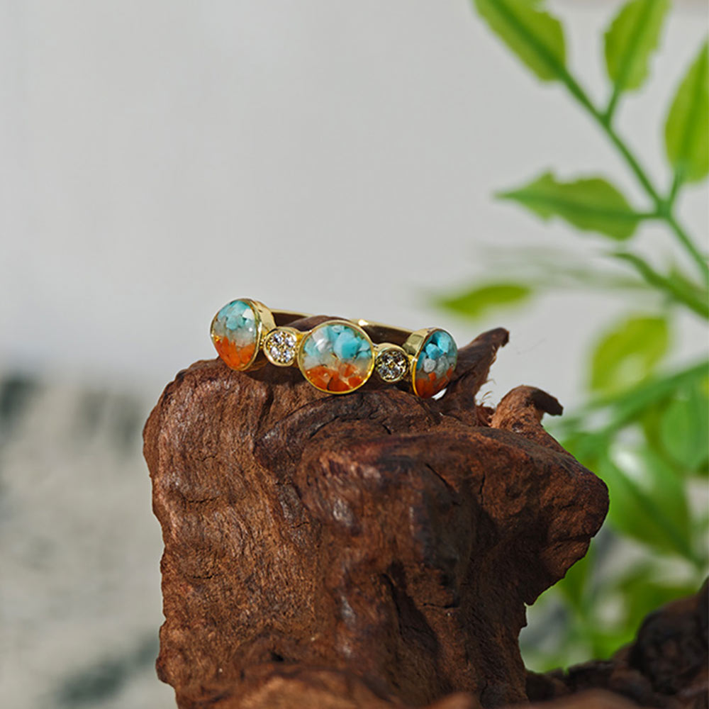 Color Stone Inlay Round Bead Ring – B Style, Dunhuang Red Series