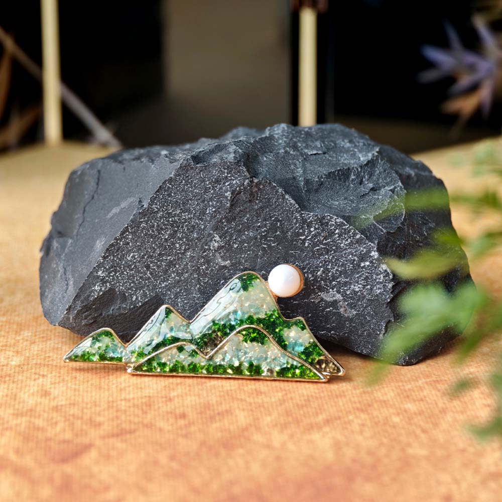 Inlaid Stone Jade Green Landscape Brooch