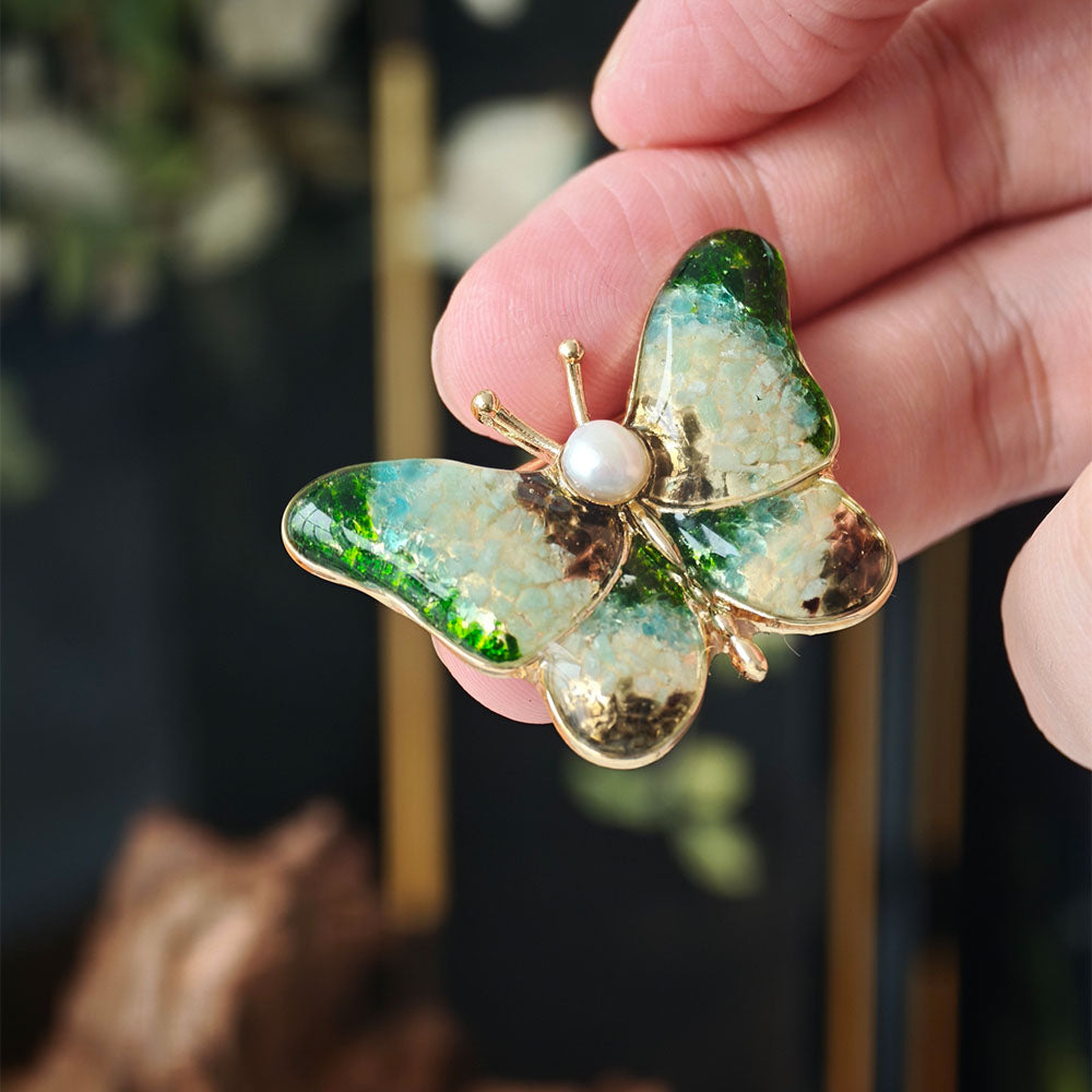 Vintage Jade Green Stone Inlay Butterfly Brooch