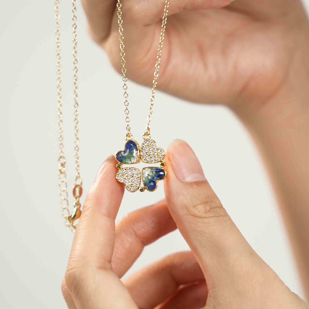 Color Stone Inlay Movable Magnetic Clover Necklace – Blue & White