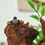 Rainbow Stone Inlaid Four-Leaf Clover B-Shaped Ring in Sapphire Blue Gradient