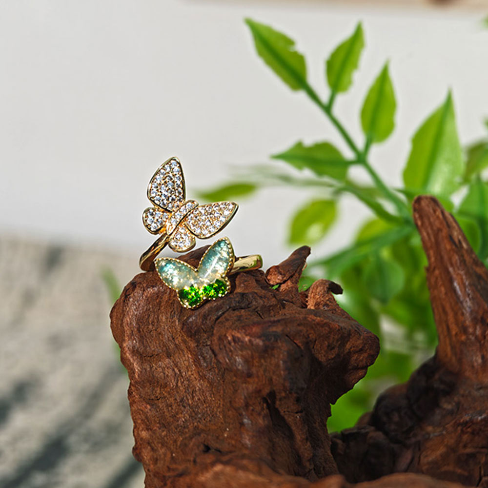 Color Stone Inlay Light Green Gradient Butterfly Ring – C Style