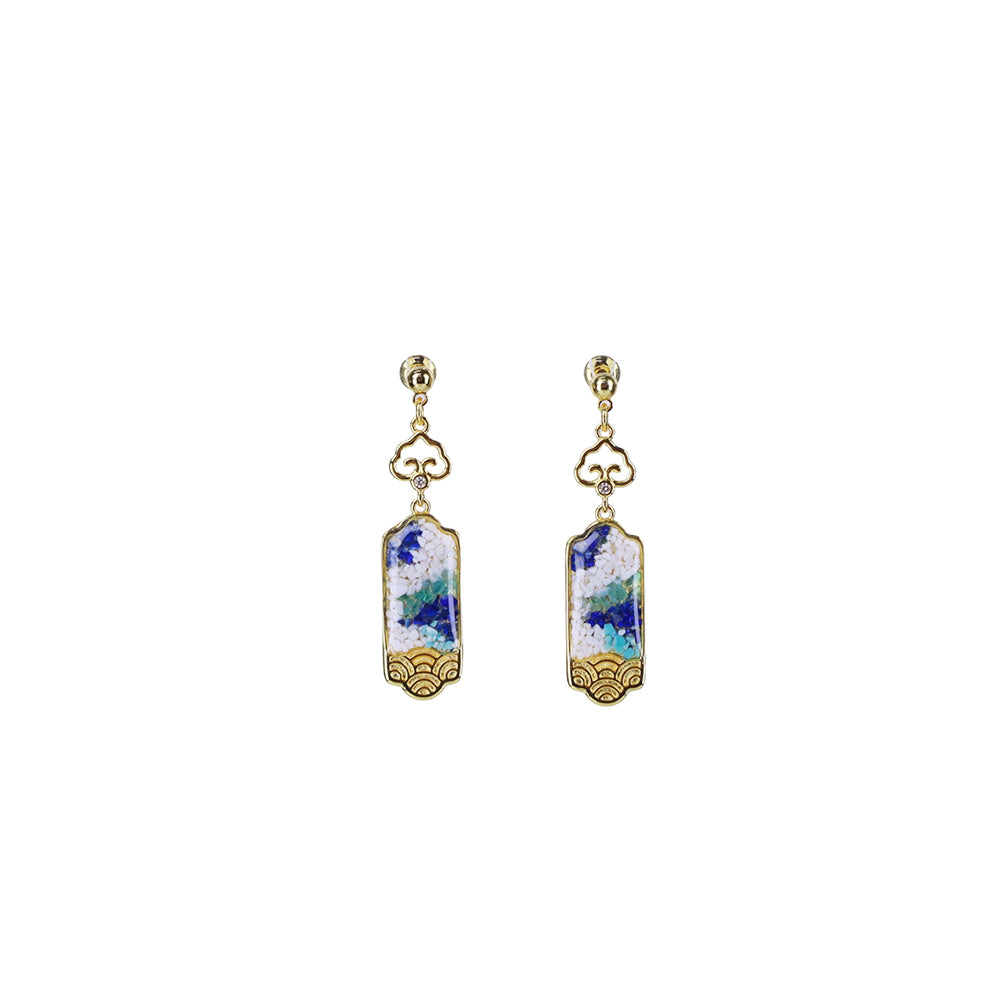 Colored Stone Inlaid Blue-and-White Nameplate Hook Earrings