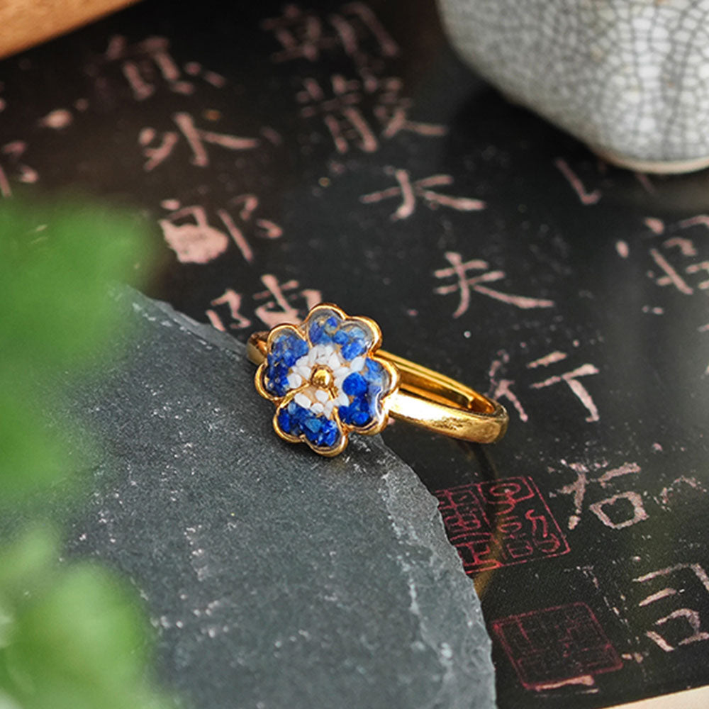 Color Stone Inlay Blue & White Four-Leaf Clover Adjustable Ring