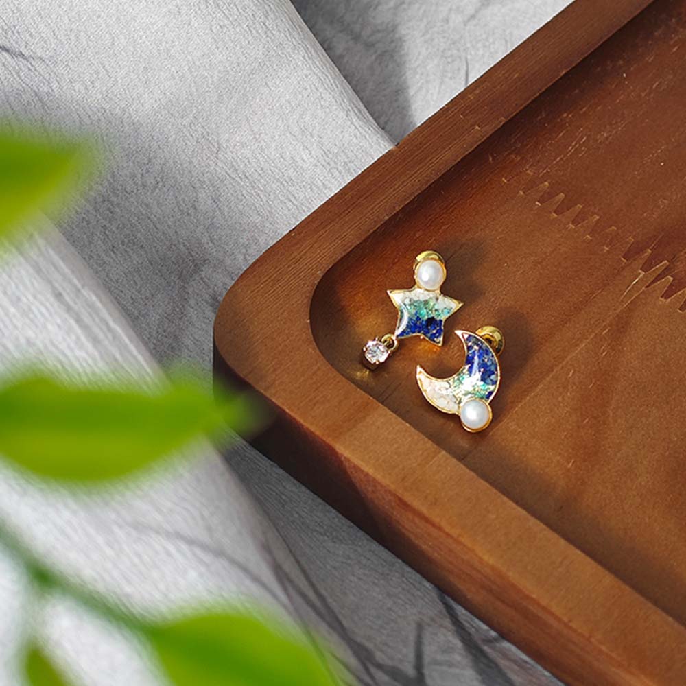 Color Stone Inlay Star & Moon Blue & White Stud Earrings