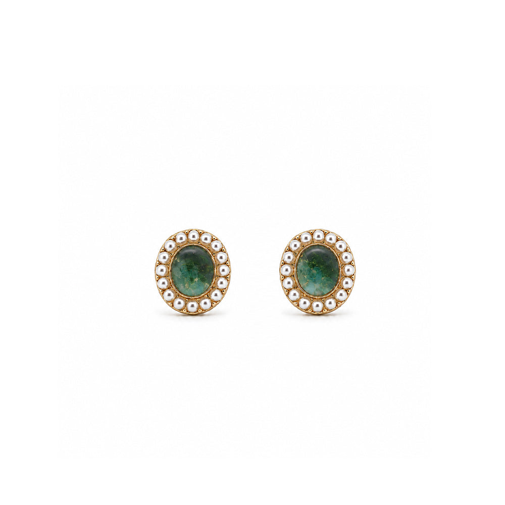 Colorstone Inlay Pearl Oval Stud Earrings, Emerald Green Series