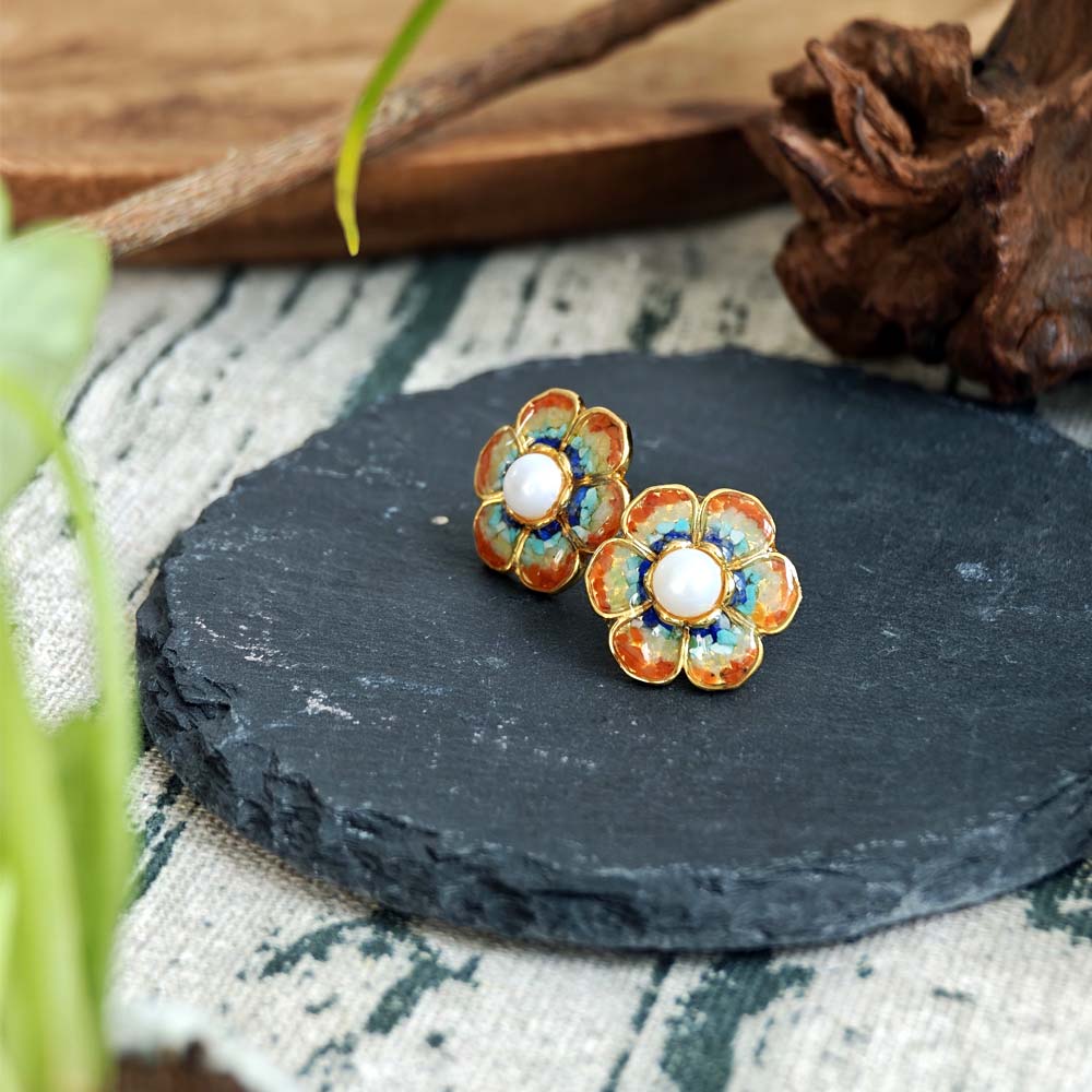 South Red Jade Lotus Flower Design Color Stone Stud Earrings