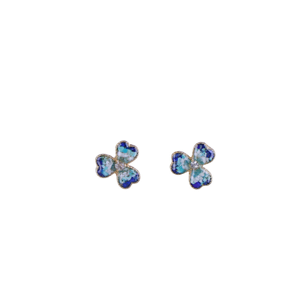 Color Stone Inlay Blue & White Three-Leaf Clover Stud Earrings