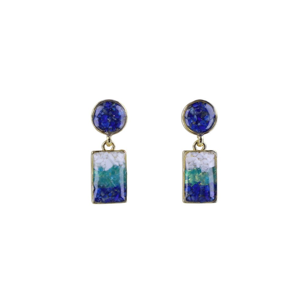 Color Stone Inlay Earrings – Blue & White Round Square