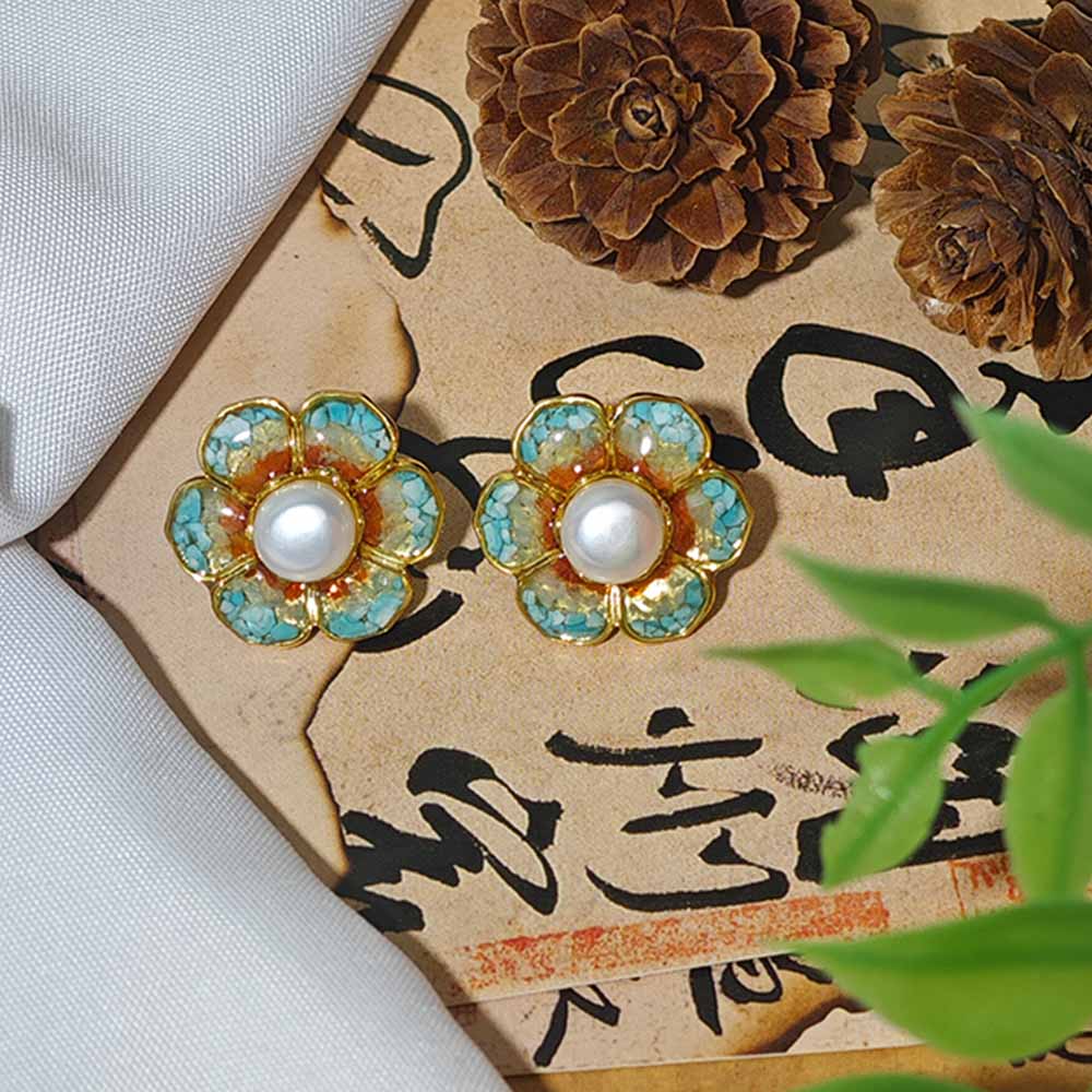 Dunhuang Baoxiang Flower Blue Stud Earrings