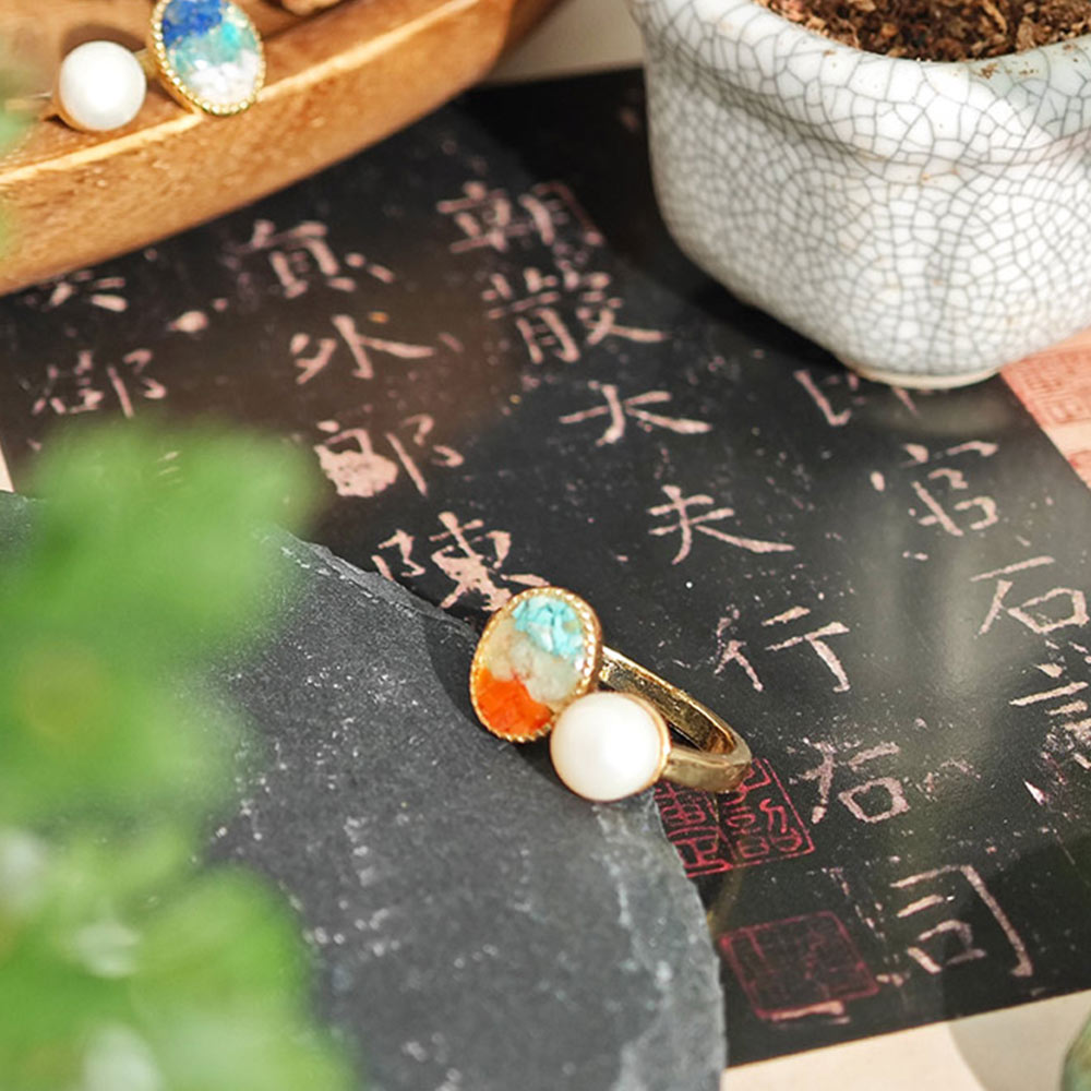 Color Stone Inlay Oval Pearl Ring – Dunhuang Color Series