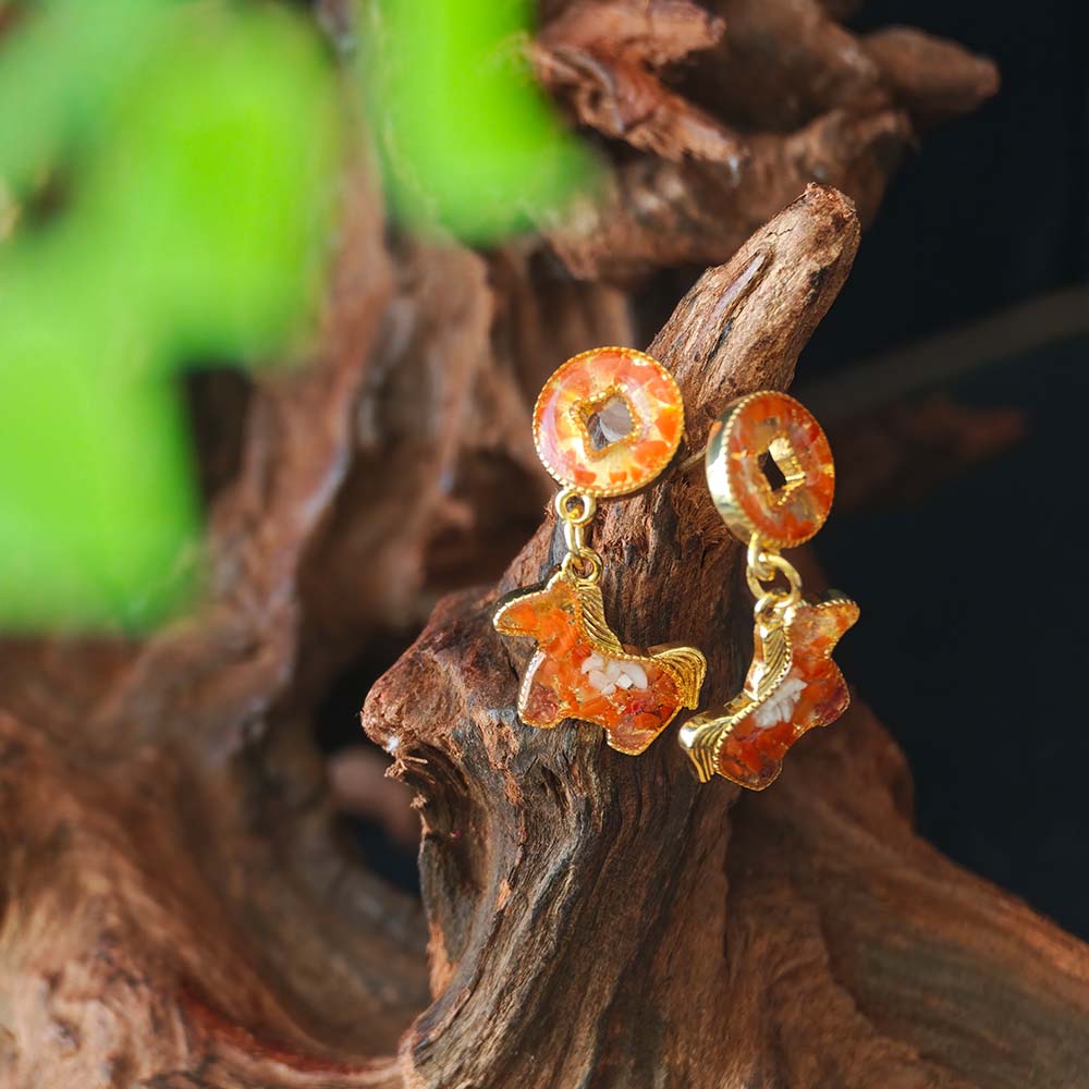 Colorful Stone Inlaid Earrings, “Prosperity Red” Coin Horse Design