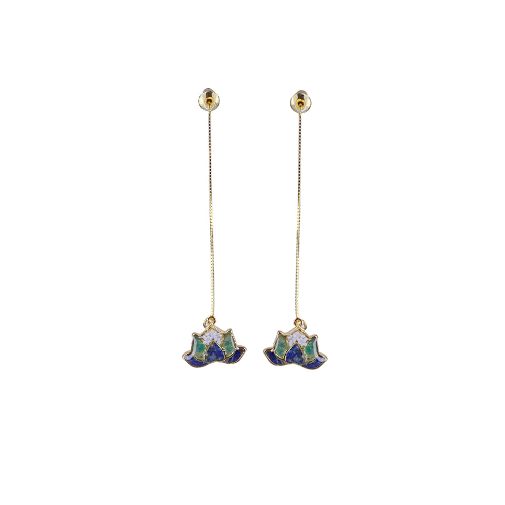 Colorful Stone Inlaid Long Earrings, Lotus Blue & White Porcelain Style