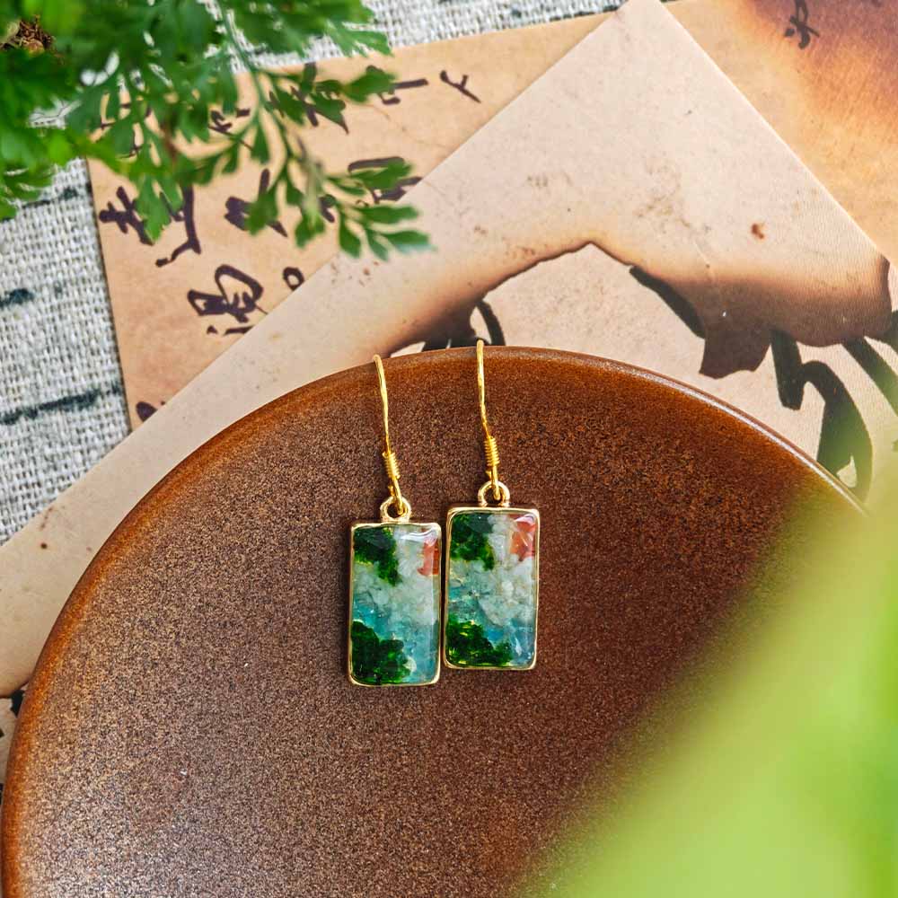 Rainy-Day Jiangnan Rectangular Ear Hooks with Color Stone Inlay