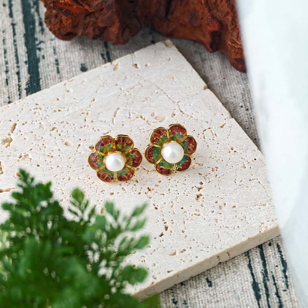 Color Stone Inlay Plum Gradient Baoxiang Flower Stud Earrings