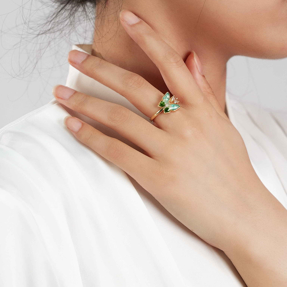 Colored Stone Inlaid Jade Green Gradient Butterfly Ring