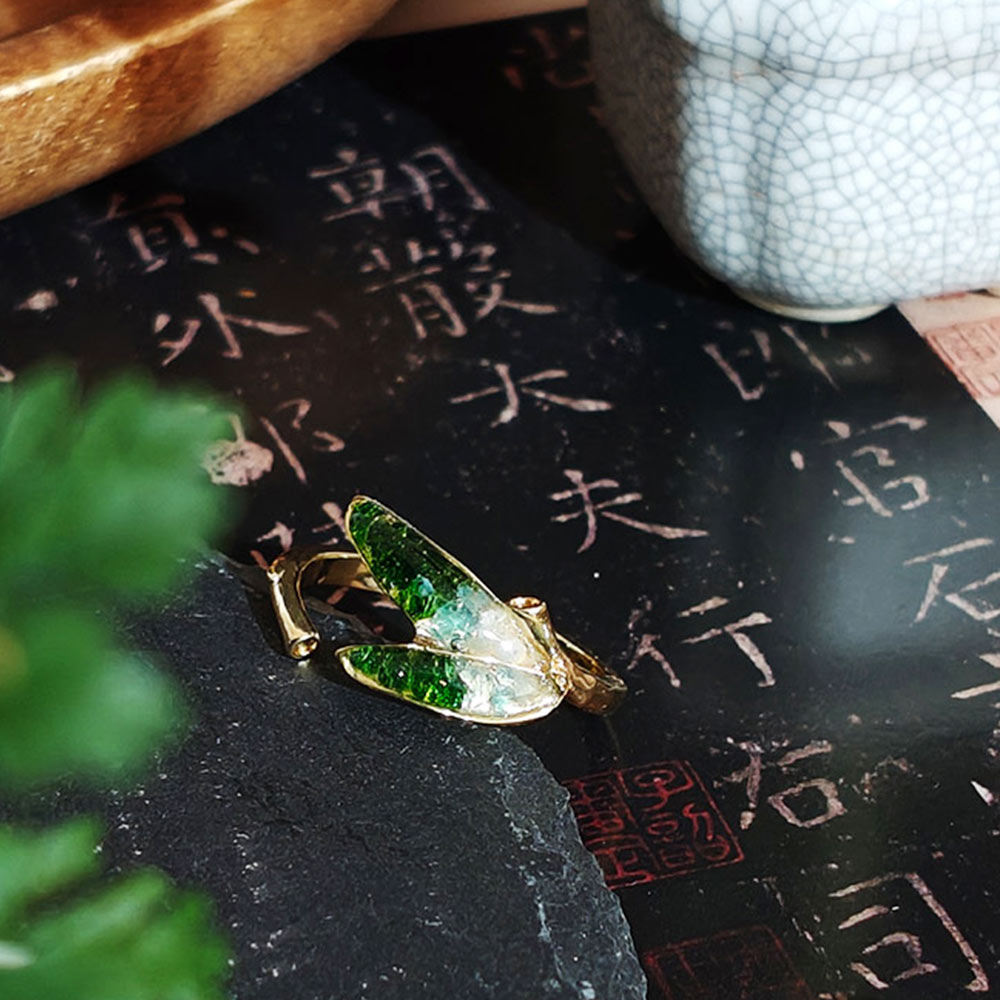 Color Stone Inlay Jade Green Gradient Bamboo Leaf Ring – B Style