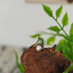 Rainbow Stone Inlay Jadeite Green Gradient Ginkgo Leaf Pearl Ring