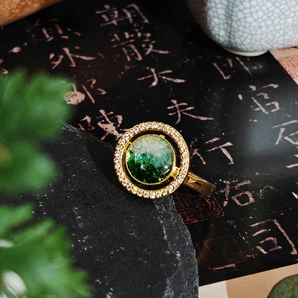 Jadeite Green Big Round Bean Ring Inlaid with Colored Stones