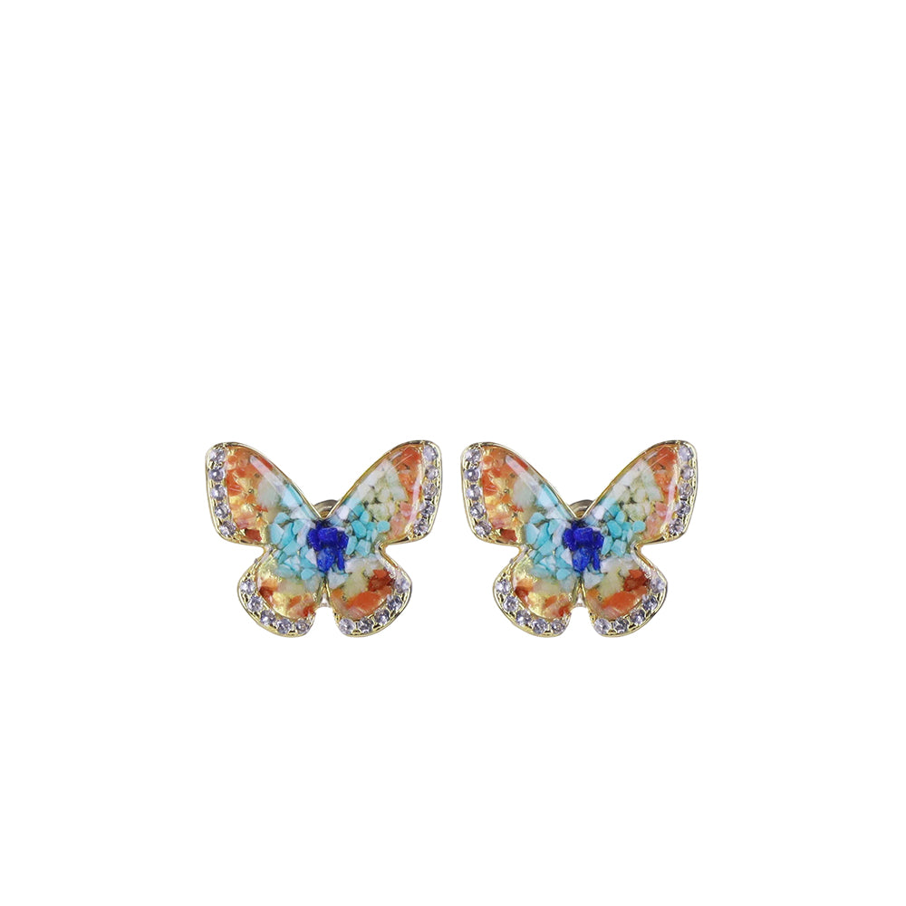 Color Stone Inlay Butterfly Stud Earrings – Dunhuang Color 15MM with Crystal I1