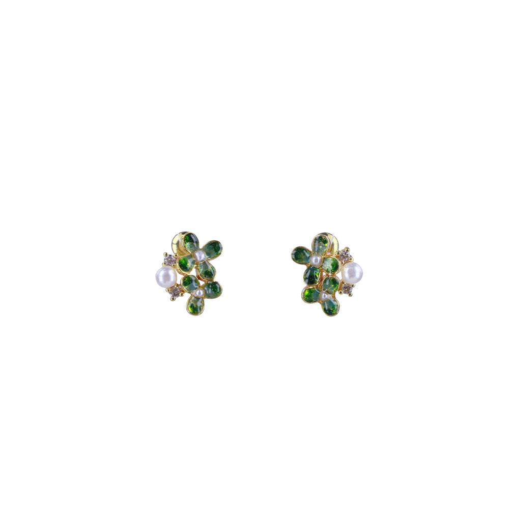 Color Stone Inlay Studs – Pearl & Four-Leaf, Emerald Green