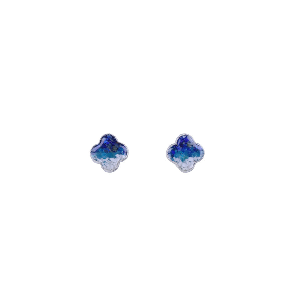 Color Stone Inlay Silver Clover Stud Earrings – Blue & White Series