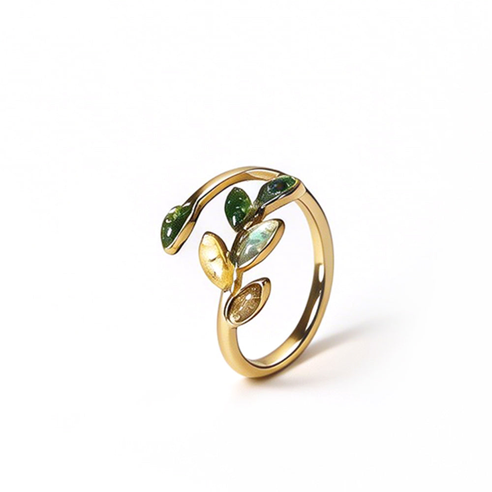 Adjustable Jadeite Olive Branch Ring with Colored Stone Inlay