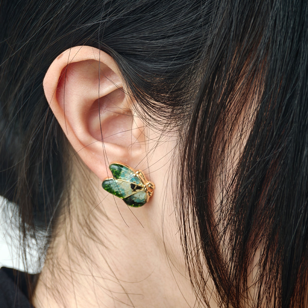 Colorful Stone Inlaid Earrings, Emerald Green Butterfly Wings