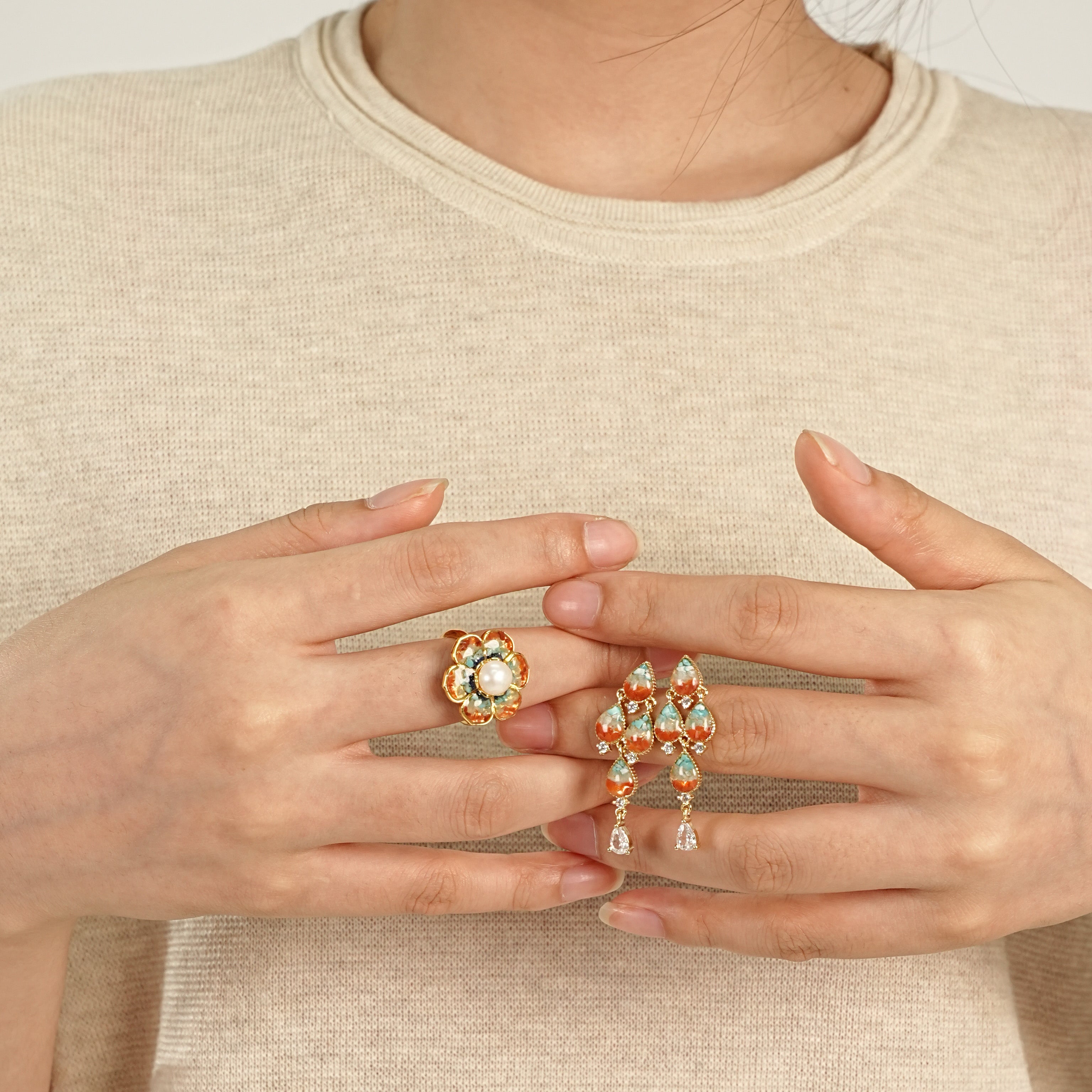 Romantic Floral Teardrop Stud Earrings + Baoxiang Flower Ring Set