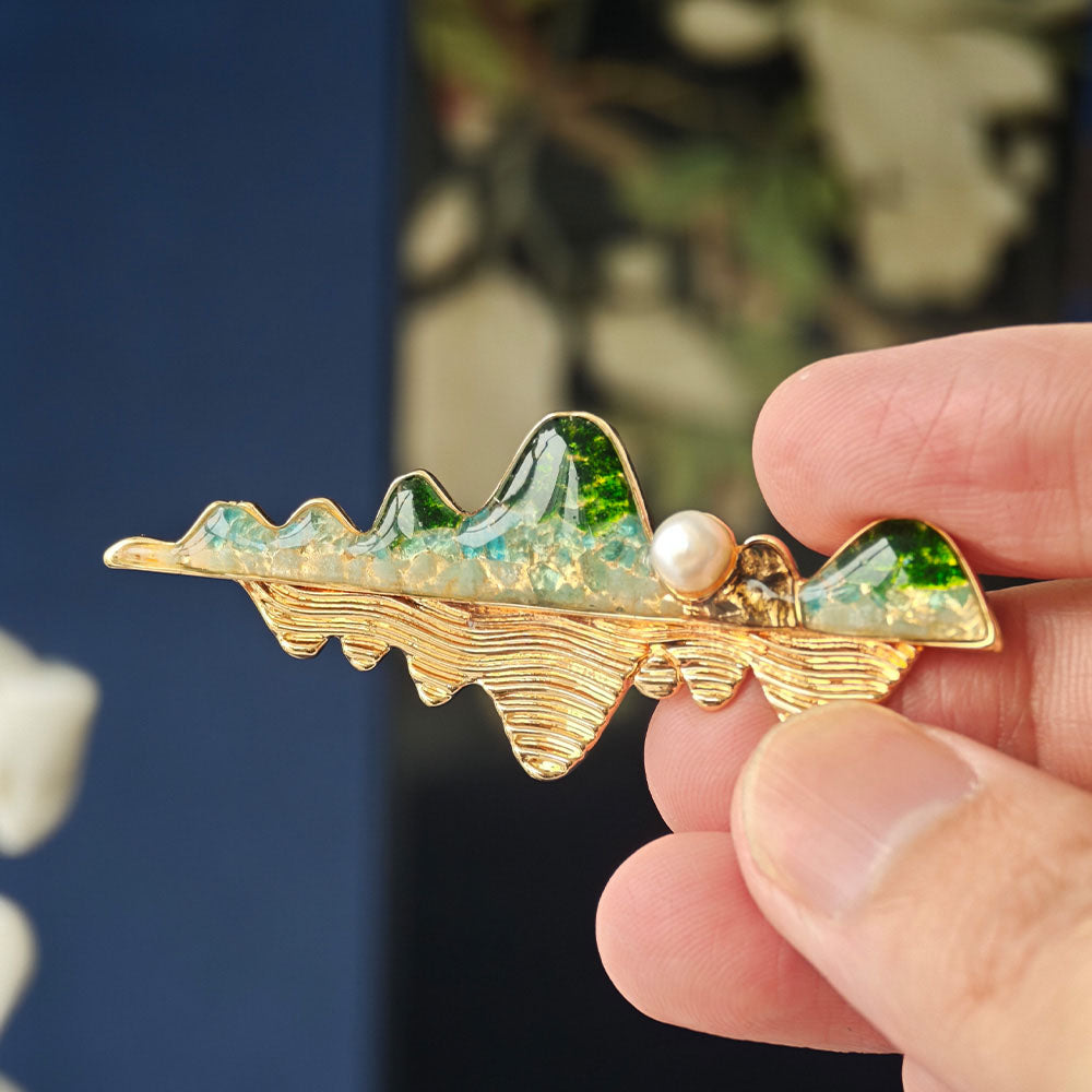 Gem Inlay Jade Green Landscape Reflection Brooch