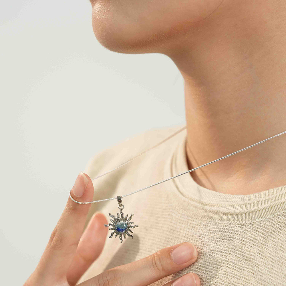 Color Stone Inlay Silver Sun Necklace – Blue & White