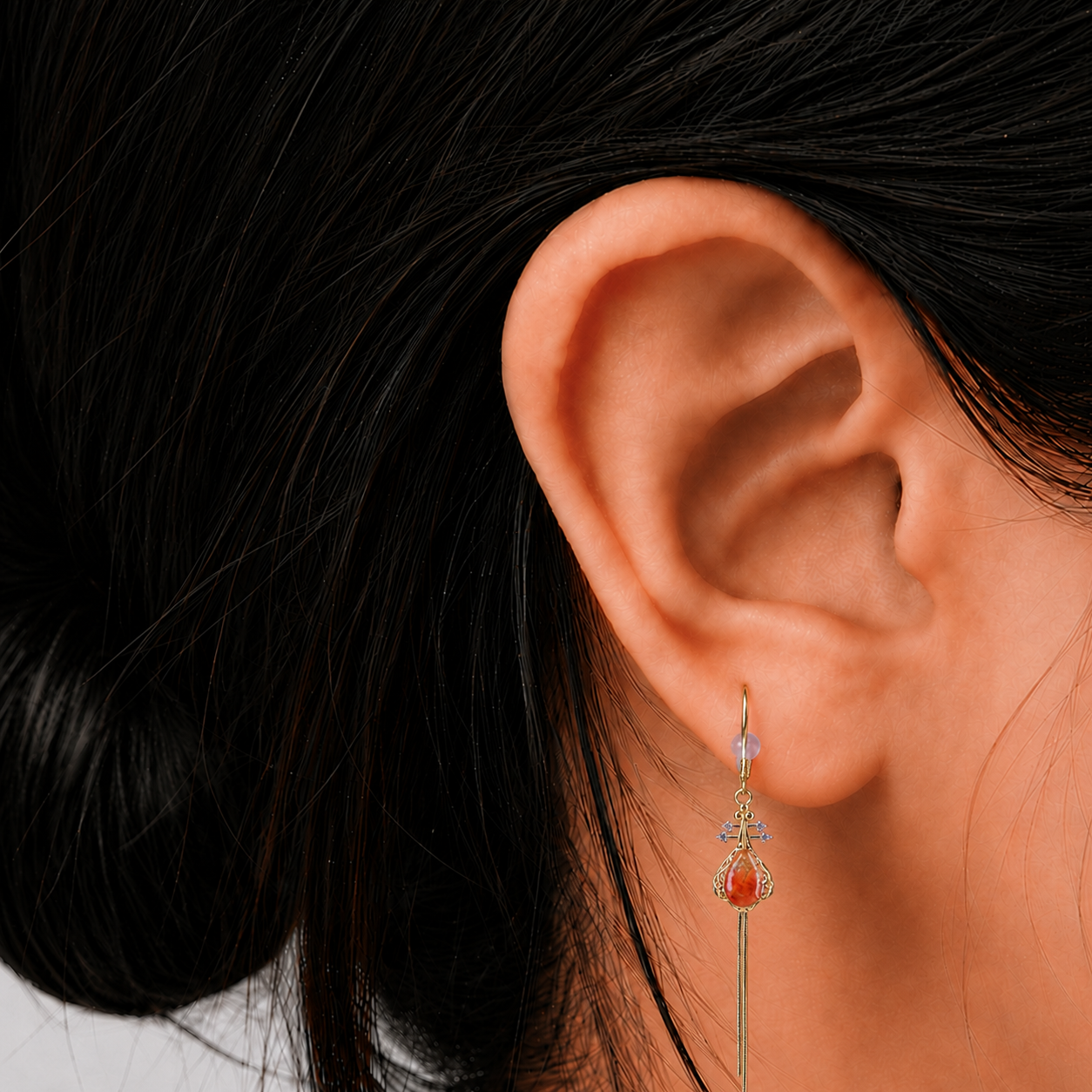 Colored Stone Inlaid Tassel Pipa Earrings Red Prosperity Series